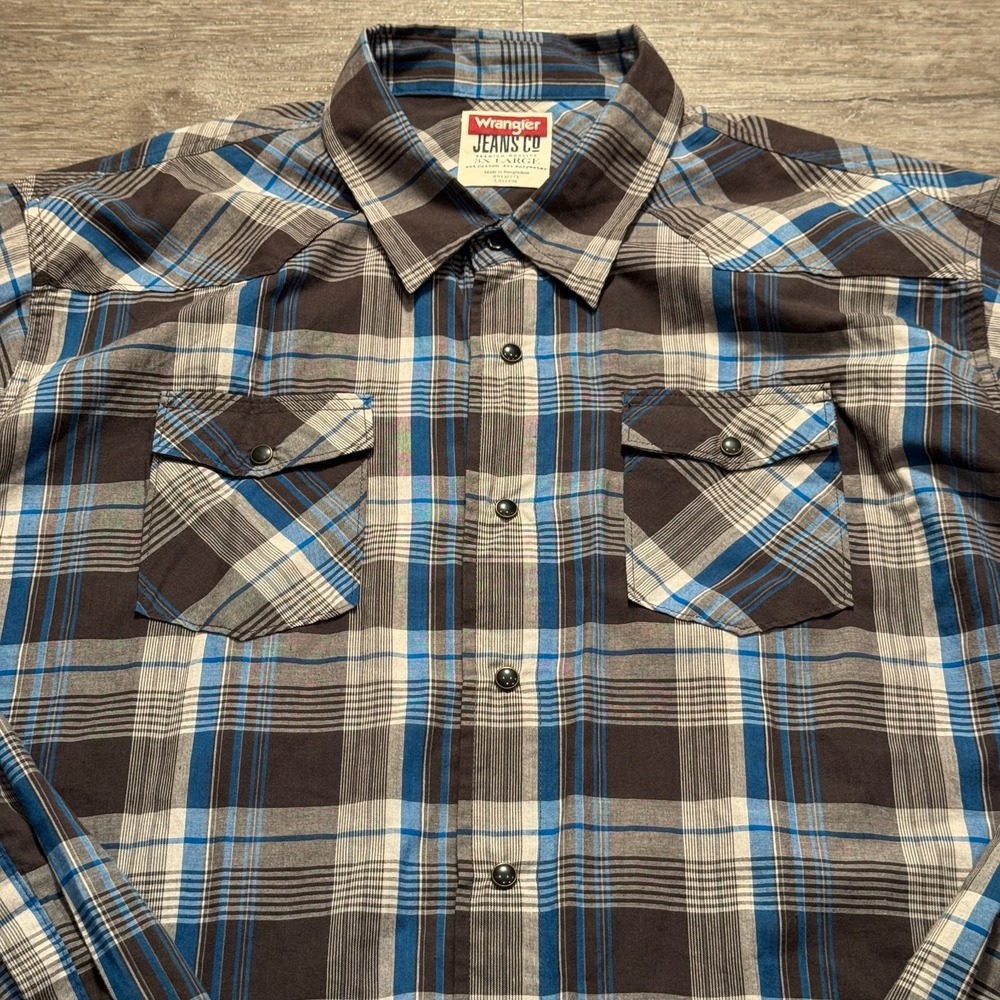 Wrangler Jeans Co Shirt Mens 3XL Blue Plaid Western Pearl Snap Long Sleeve Adult